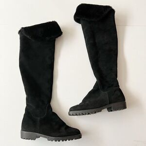 Vintage Aquatalia Made in Italy Black Suede Over The Knee Boots Square‎ Toe Sz 7